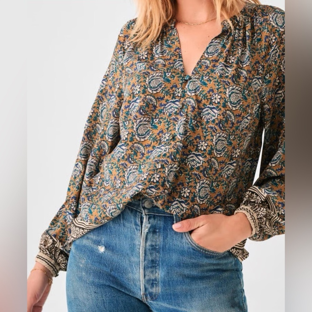 Faherty Naomi Top Fairfield Border Print Green Floral Long Sleeve Blouse